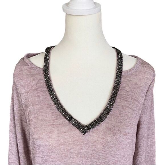 Juicy Couture Black Rhinestone V-Neck Purple Cold Shoulder Cutout Top Sz Medium - Picture 5 of 11